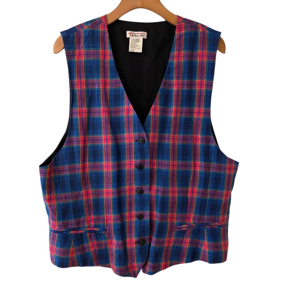 Talbots Vest Button‎ Front Women's Sz 16 Holiday Plaid Festive Classic Look